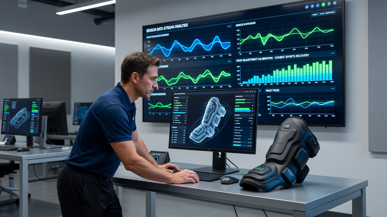 Coaching staff reviewing real-time sensor dashboards during a recovery window discussion