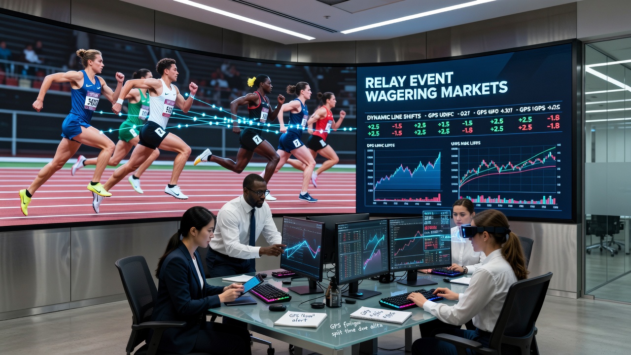 Live odds board displaying shifting relay event lines next to performance data charts