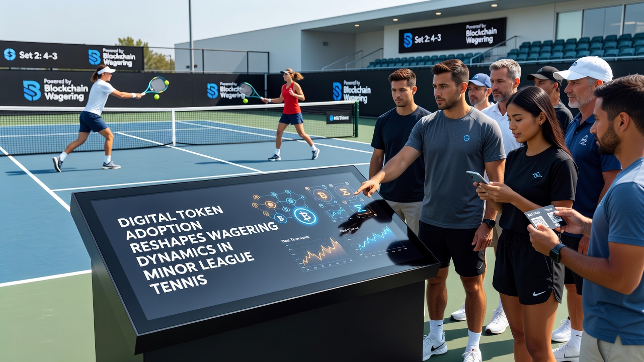 Bettors using mobile devices to place token wagers courtside at a minor league tennis tournament