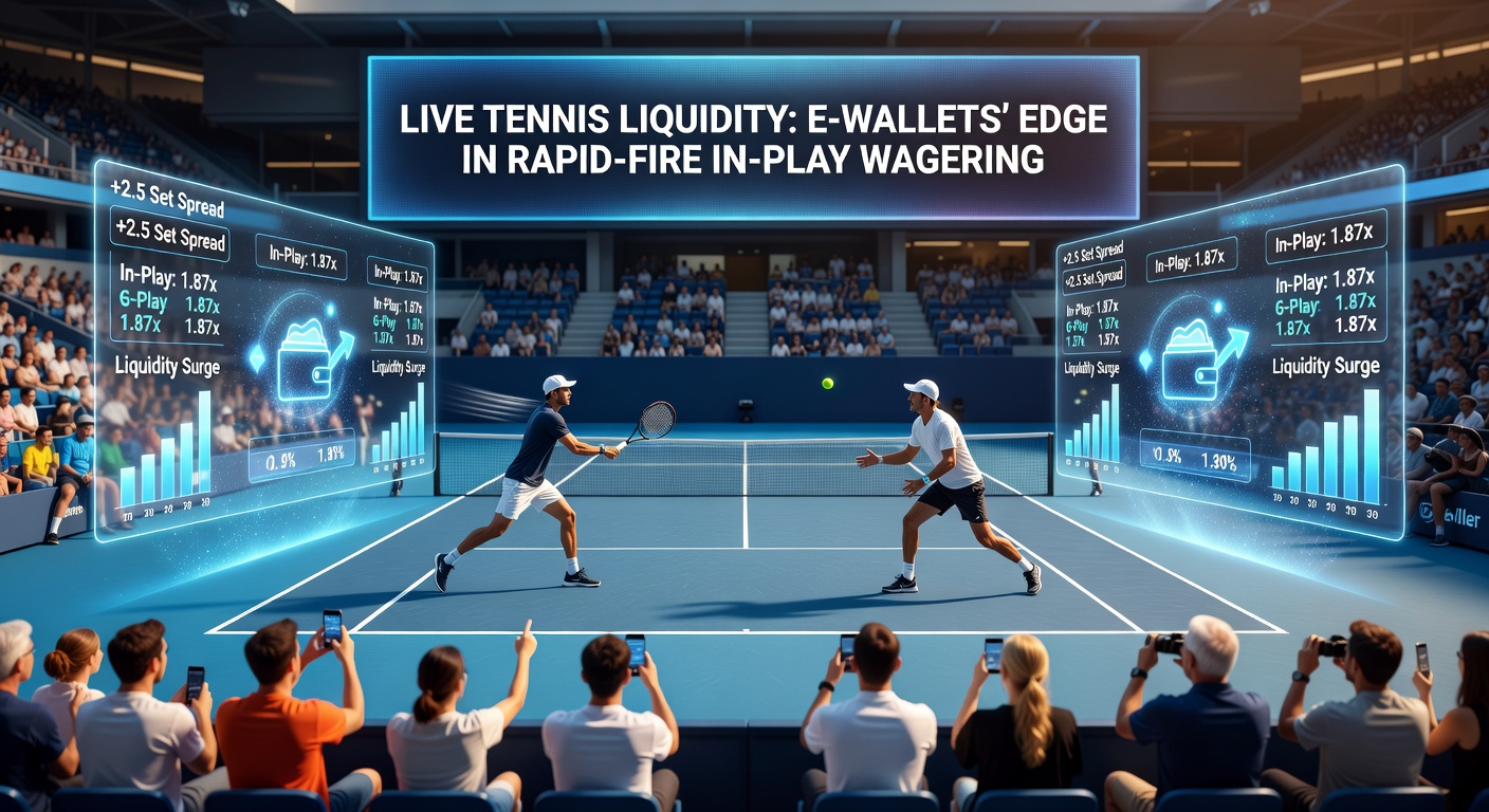 Close-up of a tennis player serving intensely during a live match, with a smartphone screen in foreground showing e-wallet transaction confirmation and surging in-play odds