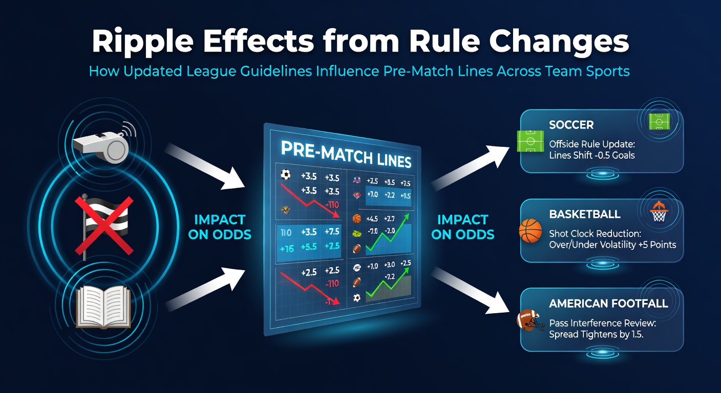 Visual representation of league rule updates cascading into pre-match betting line adjustments across team sports