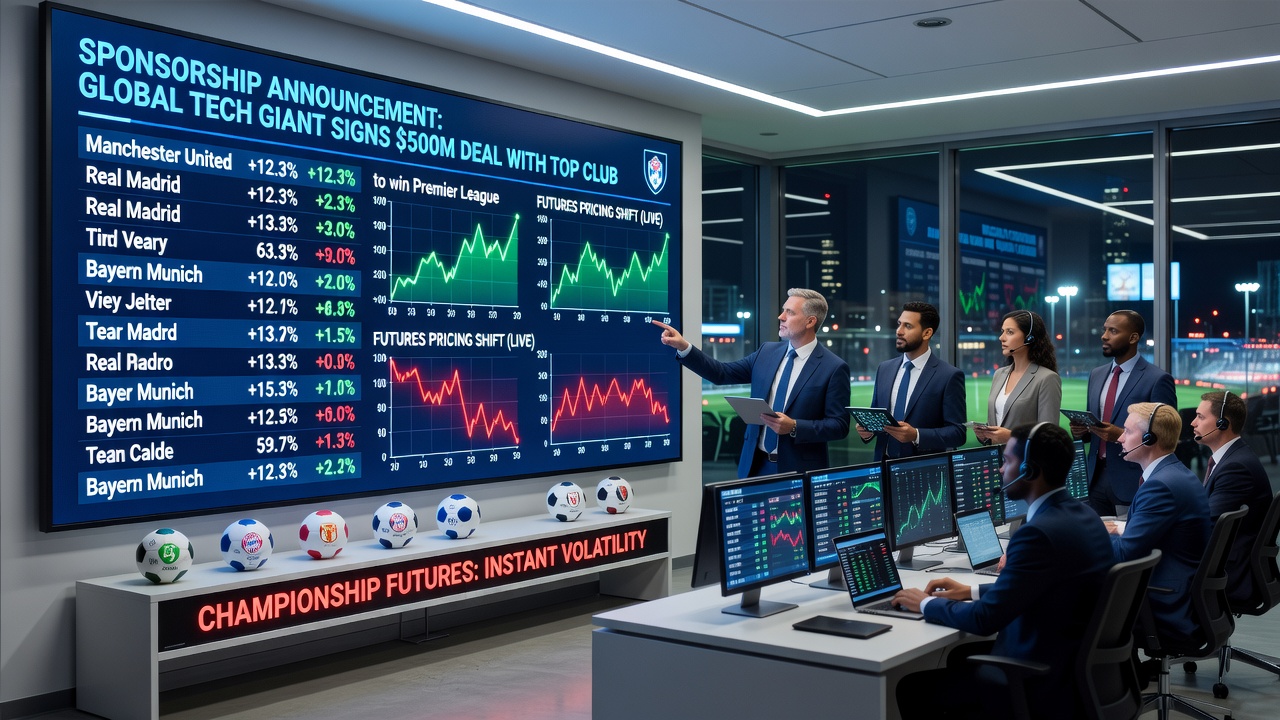 Analysts reviewing live odds boards during a soccer sponsorship press conference