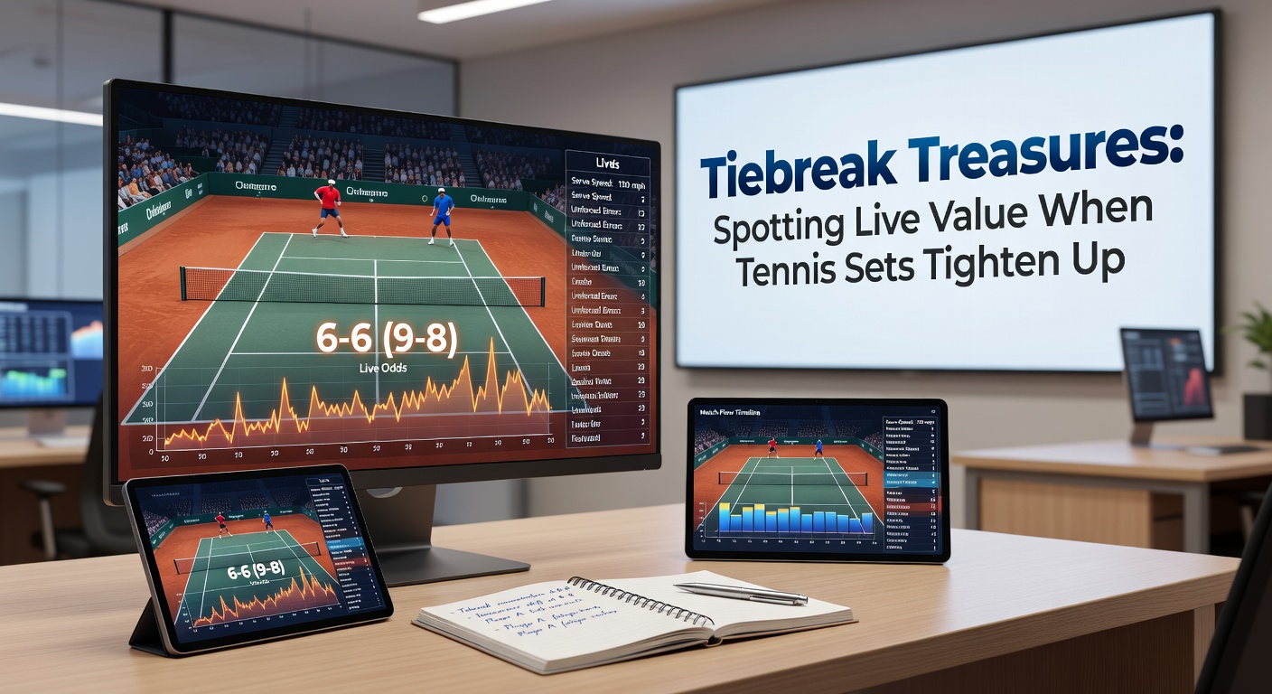 Close-up of tennis scoreboard showing 6-6 tiebreak in progress, players' stats updating live