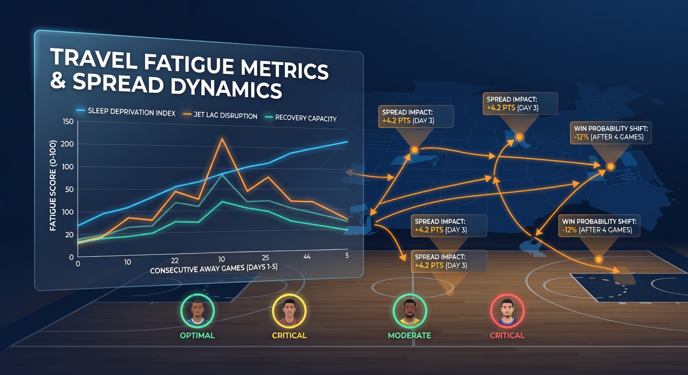 Basketball team traveling across time zones with fatigue analysis charts overlaid on arena views