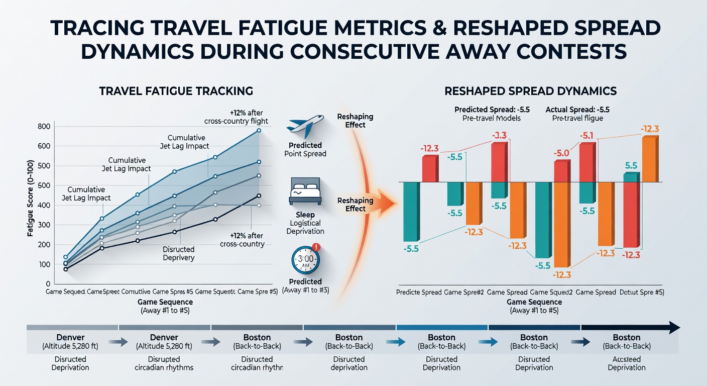 Analytics dashboard displaying travel distance, recovery scores, and spread adjustments for consecutive away games